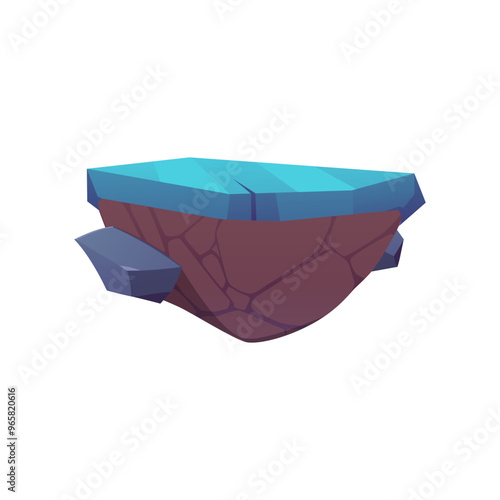 Level platform with blue surface, game island land with ice cover floating, vector cartoon fantasy winter rock stage