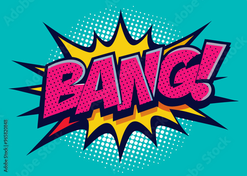 The word “bang” in retro pop art style with comic book elements. Vector illustration