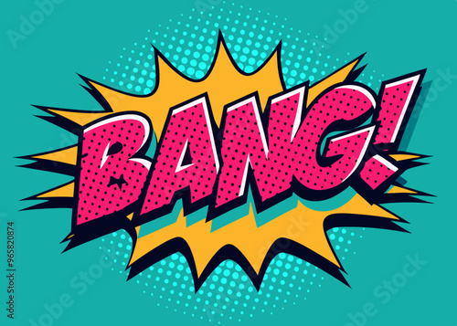 The word “bang” in retro pop art style. pink on a blue background. 