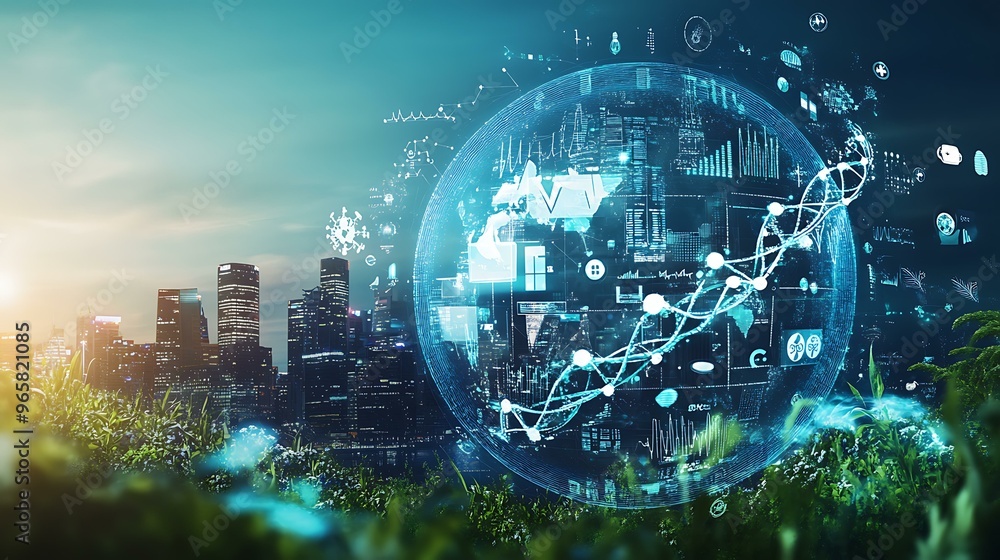 A globe-shaped image displaying an urban to rural transition, with telemedicine care in modern cityscapes on one side and homeopathic treatments in a natural setting on the other, united by A globe-shaped image displaying an urban to rural transition, with telemedicine care in modern cityscapes on one side and homeopathic treatments in a natural setting on the other, united by