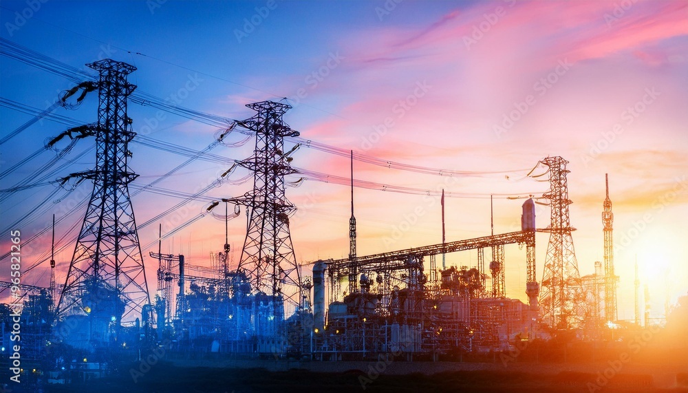 Advanced energy sector technology close up, focus on, copy space, vibrant colors, Double exposure silhouette with power plants Advanced energy sector technology close up, focus on, copy space, vibrant colors, Double exposure silhouette with power plants