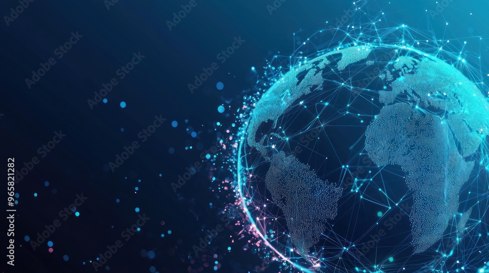 Abstract futuristic digital background with blue glowing global network and internet connections on a dark planet Earth globe. Digital technology, big data connection concept Abstract futuristic digital background with blue glowing global network and internet connections on a dark planet Earth globe. Digital technology, big data connection concept
