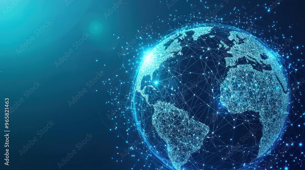 Fototapeta premium Abstract futuristic digital background with blue glowing global network and internet connections on a dark planet Earth globe. Digital technology, big data connection concept
