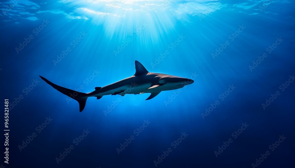 Obraz premium Illustrate the haunting beauty of a solitary hammerhead shark gliding through the deep blue ocean depths, its distinctive silhouette unmistakable