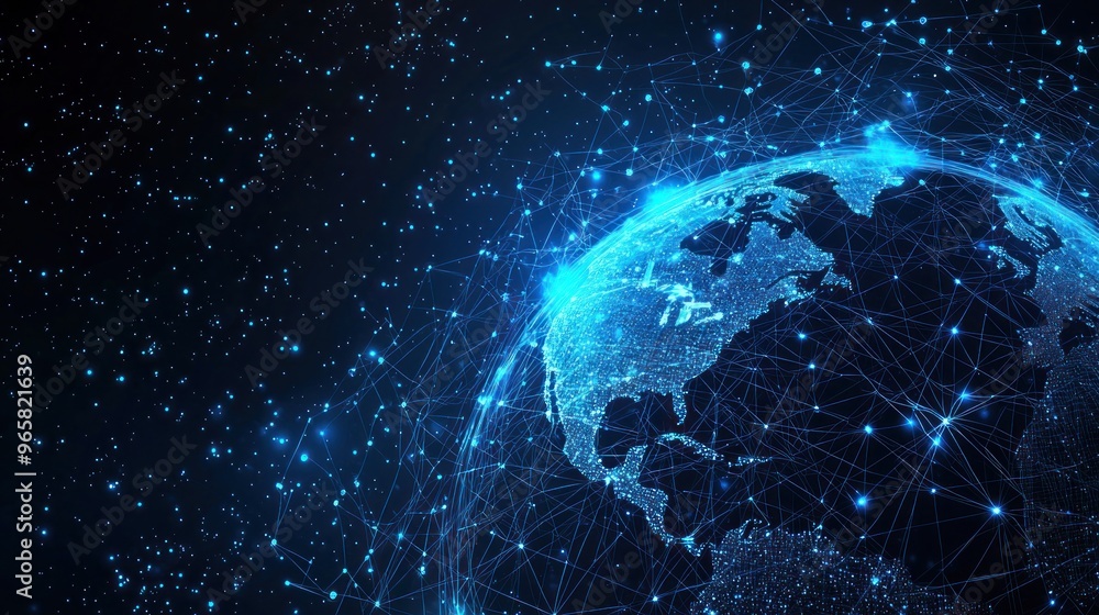 Obraz premium Abstract futuristic digital background with blue glowing global network and internet connections on a dark planet Earth globe. Digital technology, big data connection concept