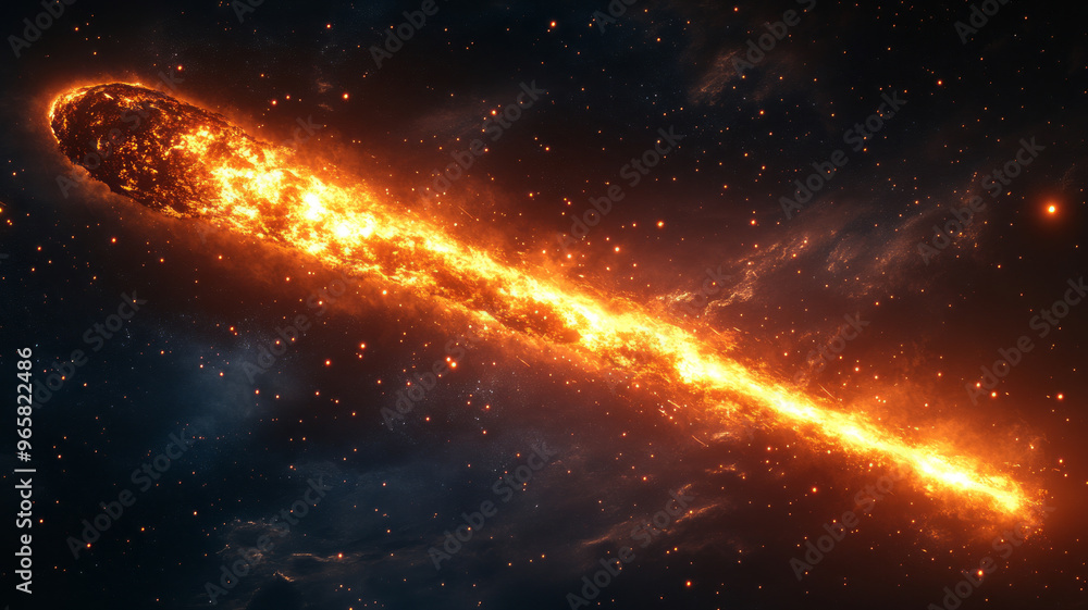 Fototapeta premium Jet Fuel Trail or Comet Streak: A Fiery Meteor, Rocket Launch, or Supernatural Event Racing Through the Sky with a Glowing Vapor Trail of Light and Fire
