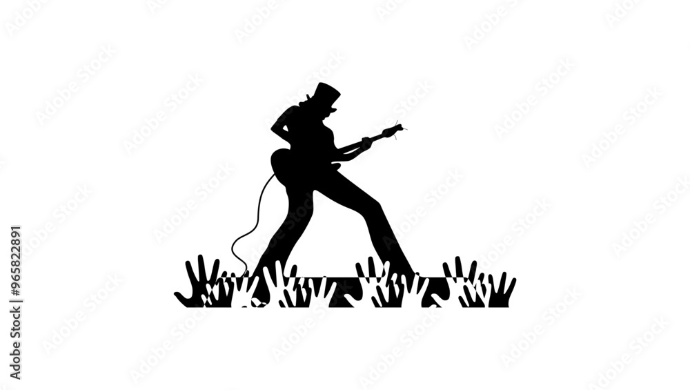 man in cylindrical hat playing electric guitar, black isolated silhouette