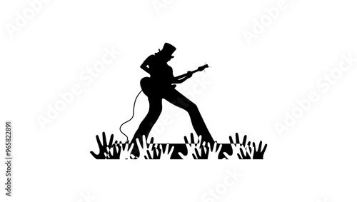 man in cylindrical hat playing electric guitar, black isolated silhouette