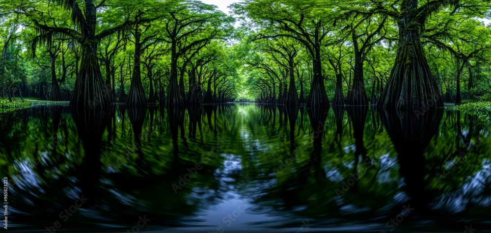 Naklejka premium Serene view of a lush green forest mirrored on calm water, showcasing vibrant cypress trees in a tranquil natural setting.