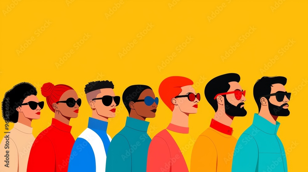 Diverse lineup of individuals in colorful outfits and sunglasses, rendered in a pop-art style, celebrating fashion, individuality, and contemporary art Diverse lineup of individuals in colorful outfits and sunglasses, rendered in a pop-art style, celebrating fashion, individuality, and contemporary art
