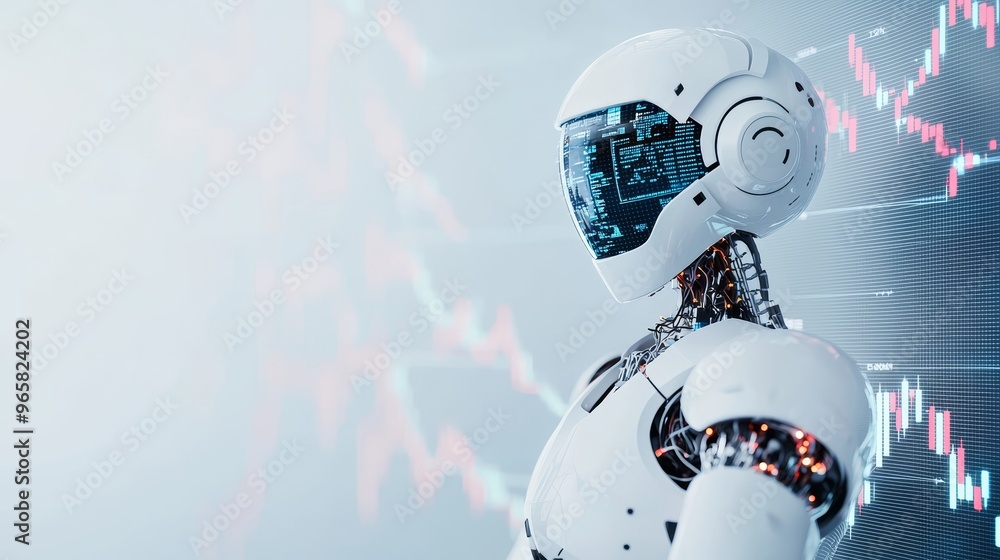 Obraz premium Elegant robot using AI to forecast market trends, simple charts and graphs floating in the air, a bright, serene atmosphere