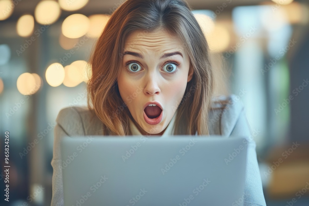 Close-Up of Young Businesswoman Reacting to Laptop Screen Close-Up of Young Businesswoman Reacting to Laptop Screen