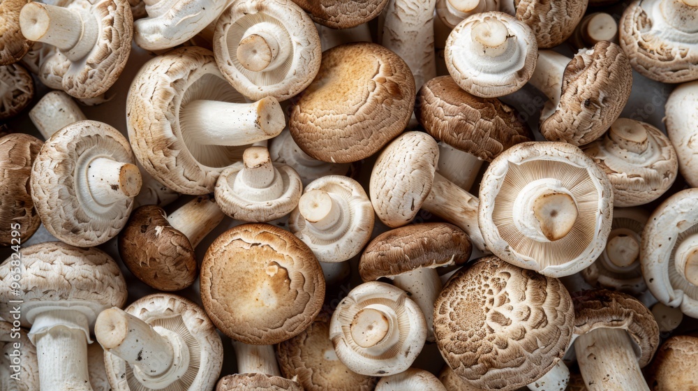 A detailed shot of a field of mushrooms with varied textures and colors, including white button and portobello mushrooms, against a soft, neutral background. A detailed shot of a field of mushrooms with varied textures and colors, including white button and portobello mushrooms, against a soft, neutral background.