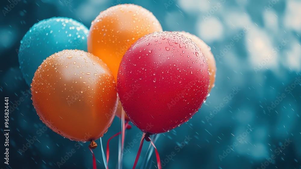 Colorful balloons with raindrops held against a blurred background during a rainy day celebration Colorful balloons with raindrops held against a blurred background during a rainy day celebration