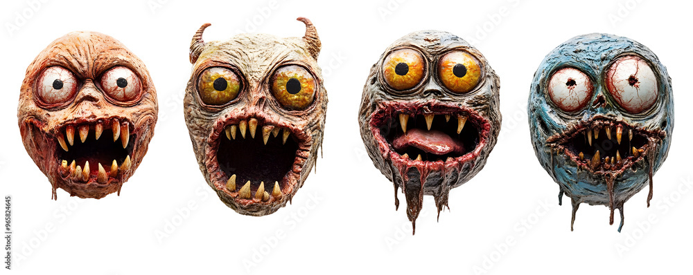 Four Gruesome Monster Faces with Sharp Teeth and Glowing Eyes on Transparent Background Four Gruesome Monster Faces with Sharp Teeth and Glowing Eyes on Transparent Background