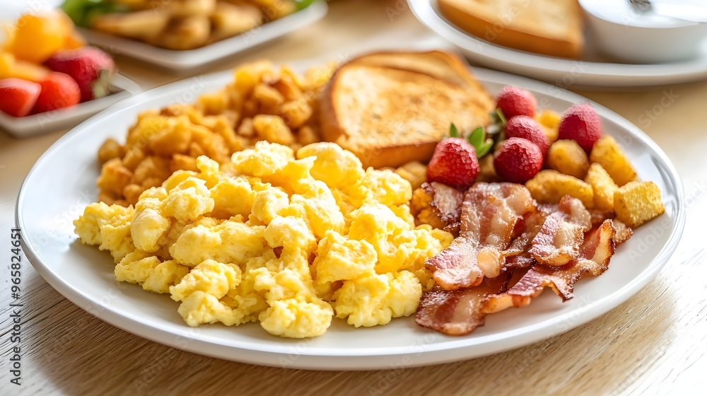 A hearty stock photo of a classic American breakfast spread, including scrambled eggs, crispy bacon, golden hash browns, and toast. A hearty stock photo of a classic American breakfast spread, including scrambled eggs, crispy bacon, golden hash browns, and toast.