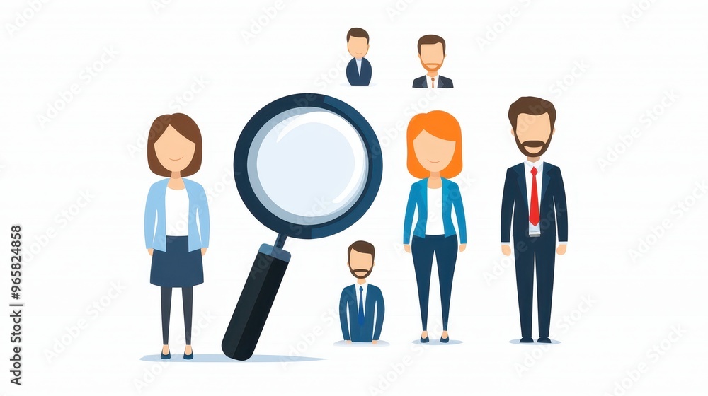Employee Selection and Human Resources Concept with Magnifying Glass Highlighting People Icons Employee Selection and Human Resources Concept with Magnifying Glass Highlighting People Icons