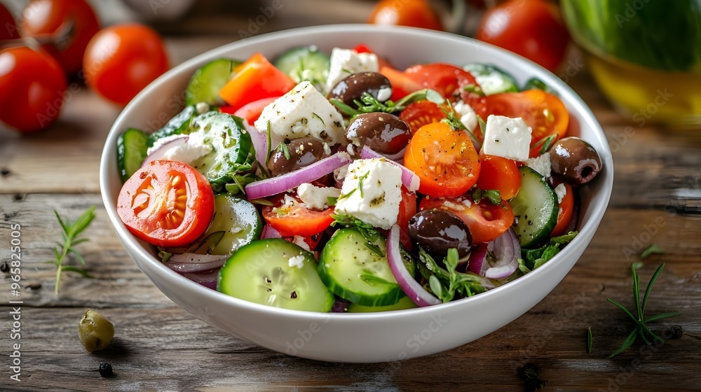 A delightful stock photo of a Greek salad served in a white bowl, featuring cucumbers, tomatoes, red onions, Kalamata olives, and crumbled feta cheese. A delightful stock photo of a Greek salad served in a white bowl, featuring cucumbers, tomatoes, red onions, Kalamata olives, and crumbled feta cheese.