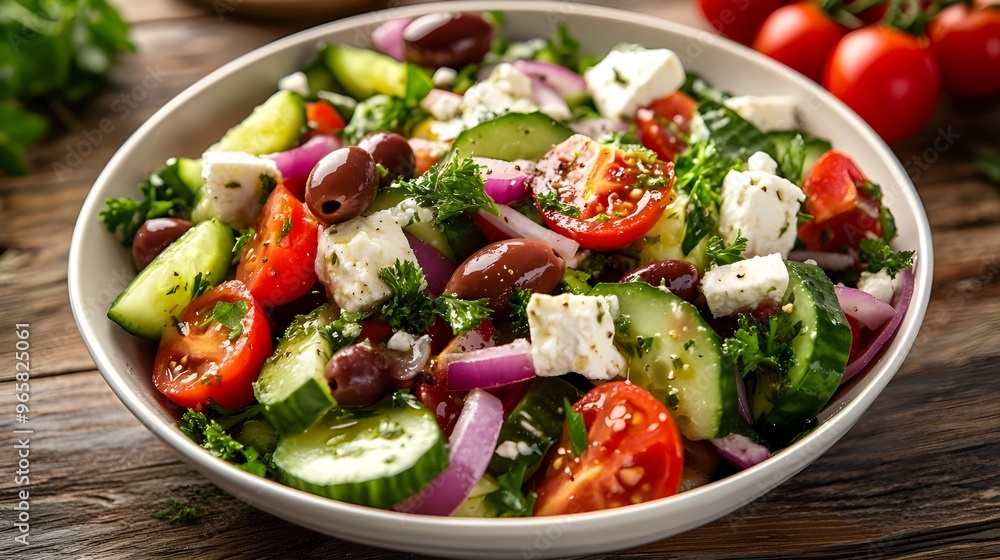 A delightful stock photo of a Greek salad served in a white bowl, featuring cucumbers, tomatoes, red onions, Kalamata olives, and crumbled feta cheese. A delightful stock photo of a Greek salad served in a white bowl, featuring cucumbers, tomatoes, red onions, Kalamata olives, and crumbled feta cheese.