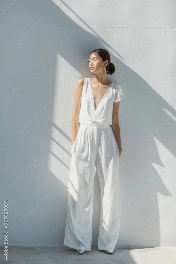 Woman wearing white wide leg trousers clothing footwear standing. Woman wearing white wide leg trousers clothing footwear standing.