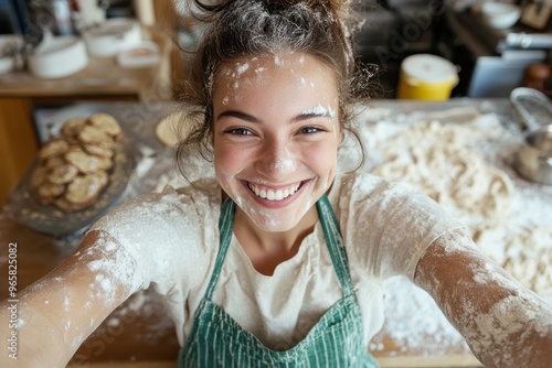 A young baker with a broad smile, hands and face covered in flour, happily posing with dough in a kitchen, capturing the joy and messiness of baking. photo