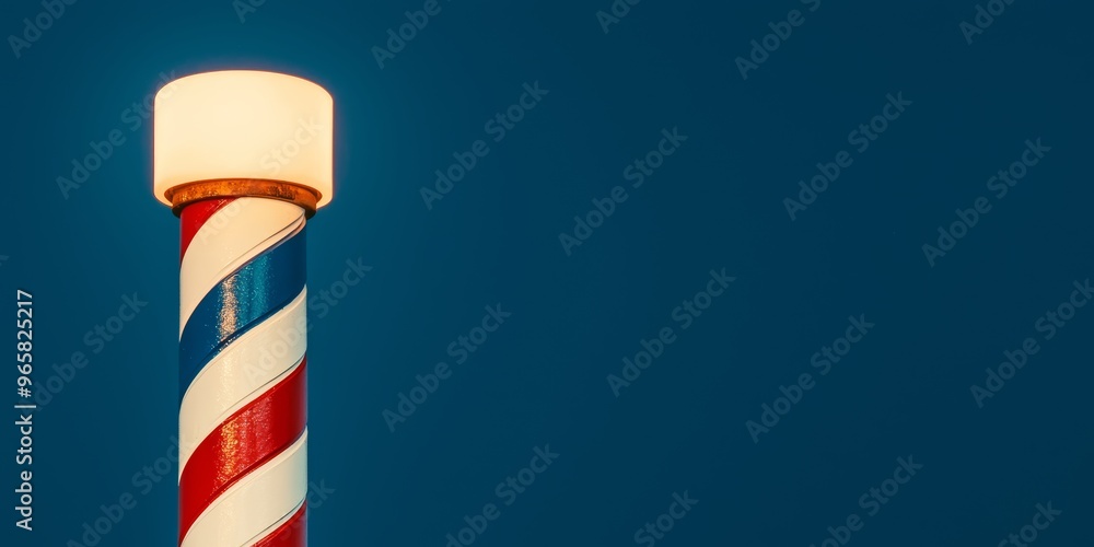 Illuminated barber pole against a darkening sky, evoking nostalgia and the heritage of old-school barbershops and classic grooming culture Illuminated barber pole against a darkening sky, evoking nostalgia and the heritage of old-school barbershops and classic grooming culture