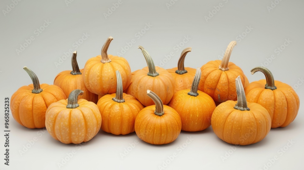 A group of small and medium-sized pumpkins with their stems intact, displayed against a simple background A group of small and medium-sized pumpkins with their stems intact, displayed against a simple background