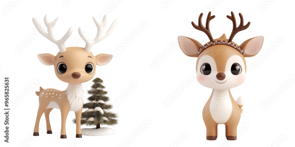 Adorable cartoon deer with big eyes, showcasing festive charm next to a decorated Christmas tree, perfect for holiday designs.