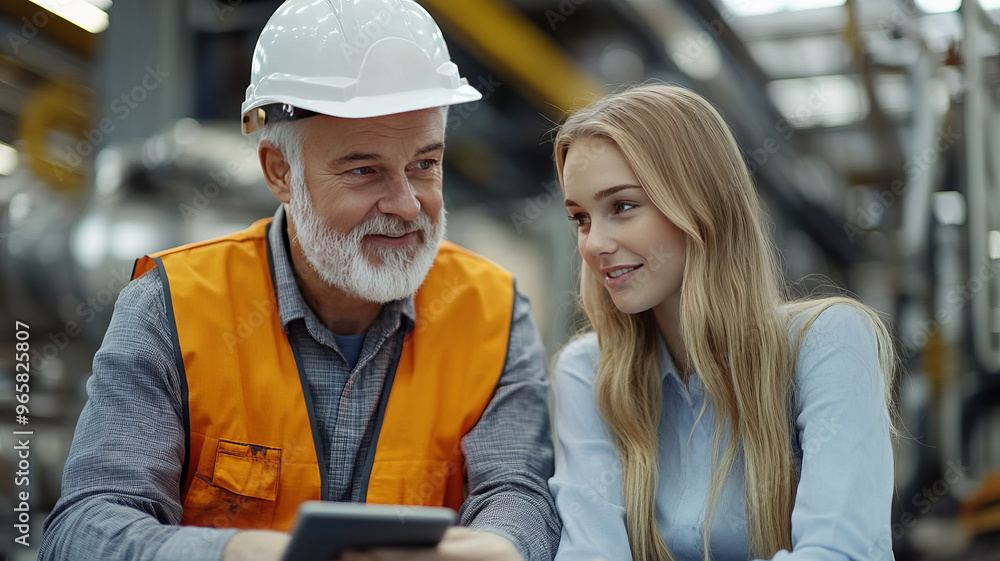 A bearded worker and a young professional smile, discussing plans on a tablet. A bearded worker and a young professional smile, discussing plans on a tablet.