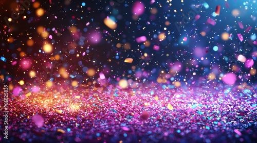 Colorful confetti and shimmering lights create a festive atmosphere during a nighttime celebration or party scene