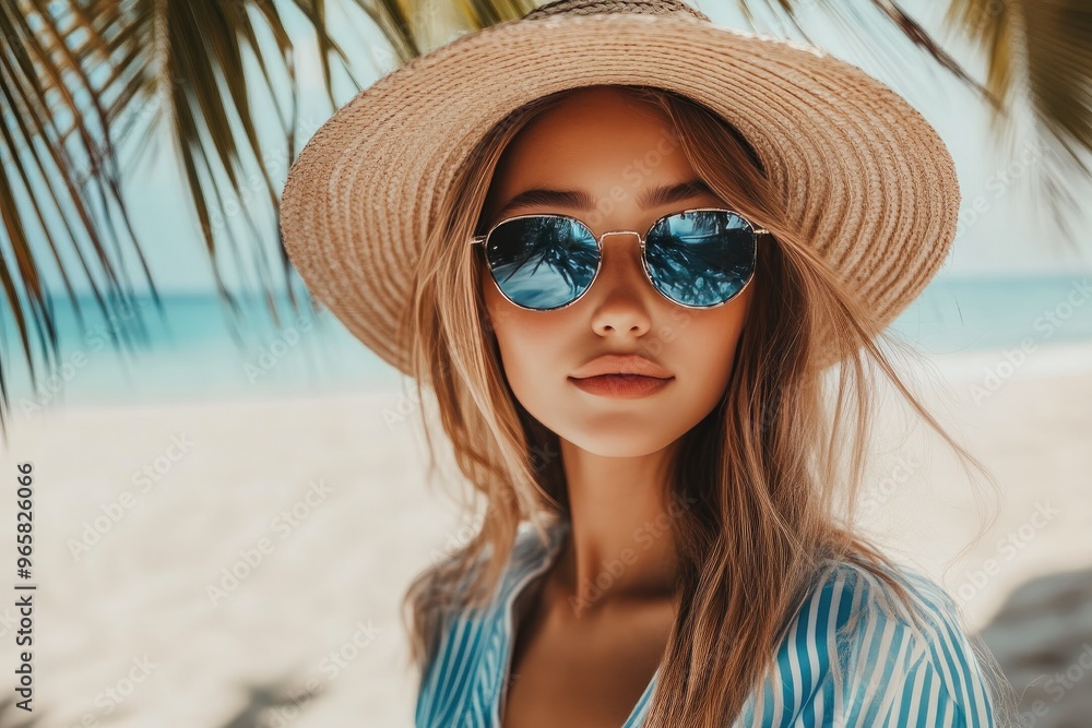 Coastal Chic: Woman in Blue Stripes with Ocean Backdrop Coastal Chic: Woman in Blue Stripes with Ocean Backdrop
