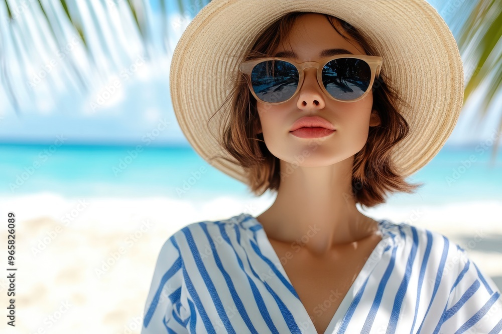 Summer Sunshine: Woman in Straw Hat and Sunglasses by the Sea Summer Sunshine: Woman in Straw Hat and Sunglasses by the Sea