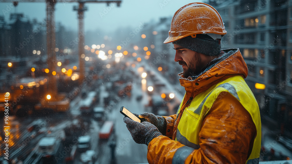 A civil engineer stands in the rain, phone in hand, overseeing a sunlit site. A civil engineer stands in the rain, phone in hand, overseeing a sunlit site.