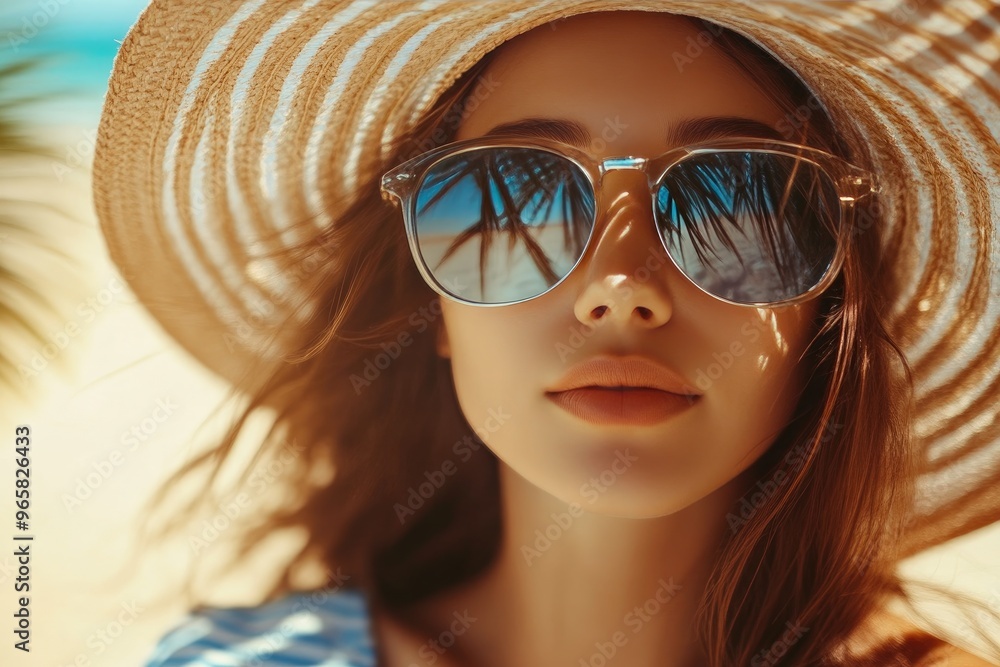 Sunny Beach Portrait with Woman in Stylish Striped Outfit Sunny Beach Portrait with Woman in Stylish Striped Outfit