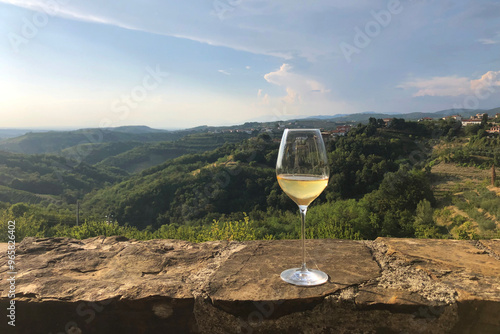 White Wine Culture in Western Slovenia. Beautiful Green Hills Landscape in Background during Summer. Šmartno, Brda, Slovenia