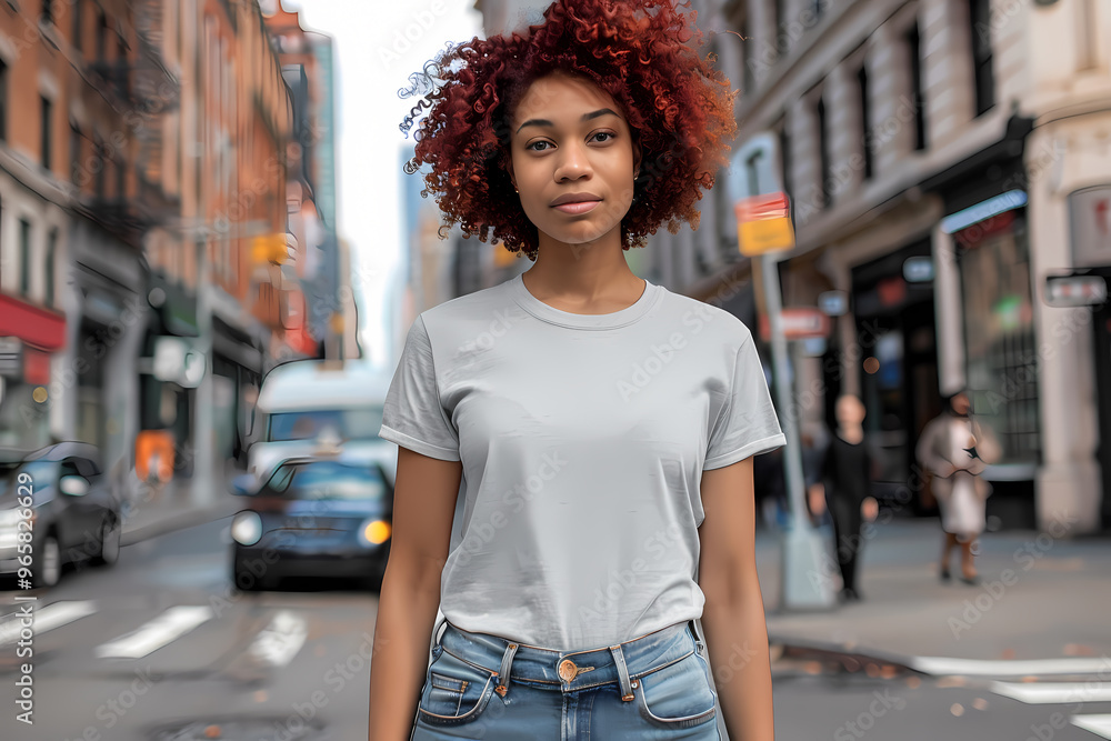 A young Black woman with curly red hair poses confidently in an urban street setting, wearing a light gray t-shirt and blue jeans. A young Black woman with curly red hair poses confidently in an urban street setting, wearing a light gray t-shirt and blue jeans.