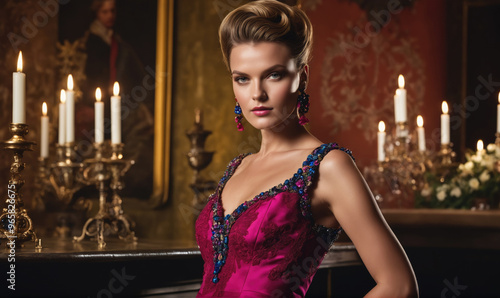 A woman in a red dress stands in front of a fireplace with lit candles