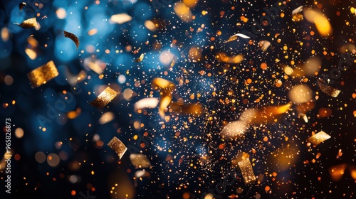 Colorful confetti and sparkling particles create a festive atmosphere during a celebration in the evening