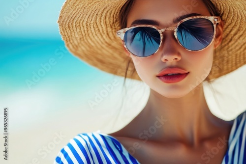 Close-Up Beach Portrait: Woman in Sunglasses, Straw Hat, and Striped Outfit