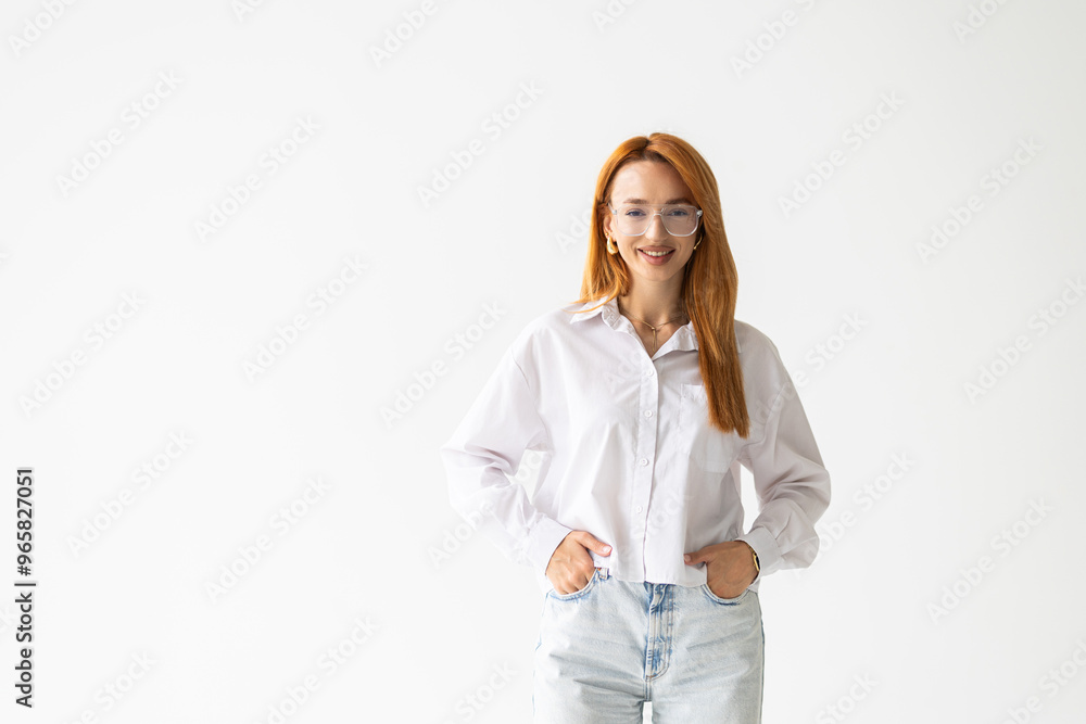Smiling business woman with folded hands against white background. Smiling business woman with folded hands against white background.