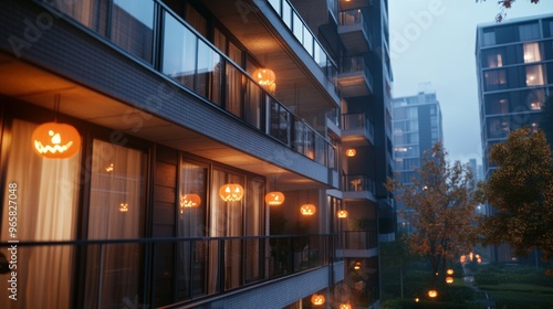 A Halloween-themed apartment complex each balcony decorated with glowing pumpkins