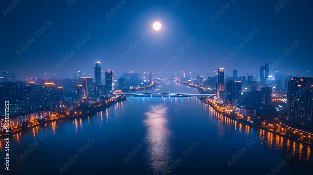 Fototapeta premium Enchanting Night Skyline of Modern Metropolis Reflecting in Calm River