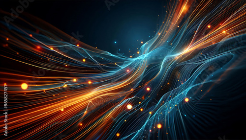 Abstract dynamic flowing lines in vibrant orange blue hues composition evokes a feeling of motion and light suggesting a digital or futuristic theme against a dark background