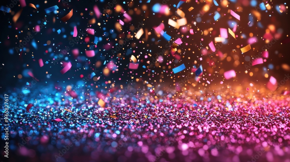 Fototapeta premium Colorful confetti falling against a gradient background during a festive celebration in vibrant hues at night
