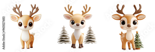 Cute cartoon deer characters designed for festive and playful themes, perfect for children's illustrations or holiday decorations.