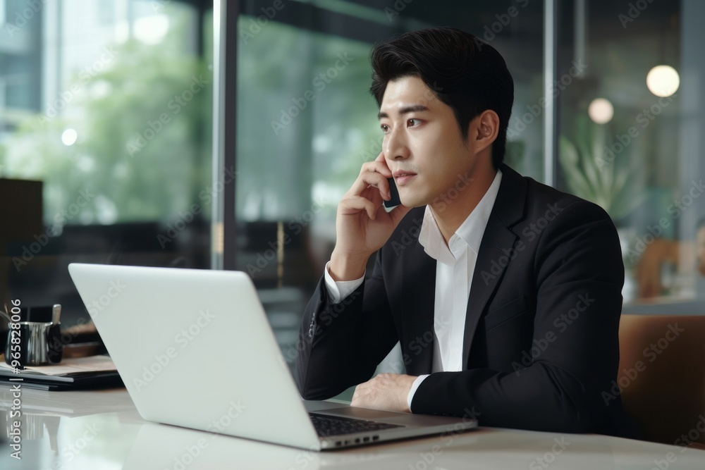 Asian young business man sales manager making phone call laptop computer talking. Asian young business man sales manager making phone call laptop computer talking.