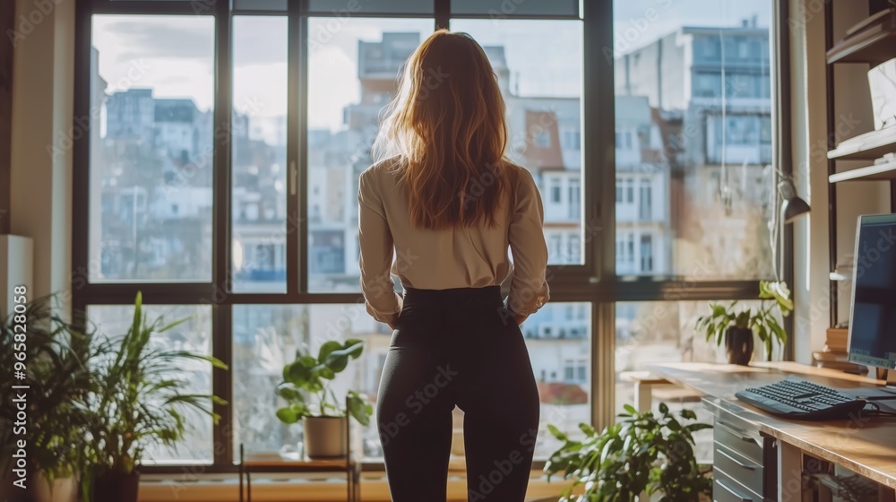 A woman stands at her office window, gazing out at the cityscape, surrounded by plants and modern decor. A woman stands at her office window, gazing out at the cityscape, surrounded by plants and modern decor.
