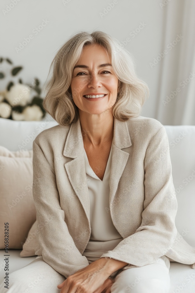 Comfortable and chic woman in beige living room Comfortable and chic woman in beige living room