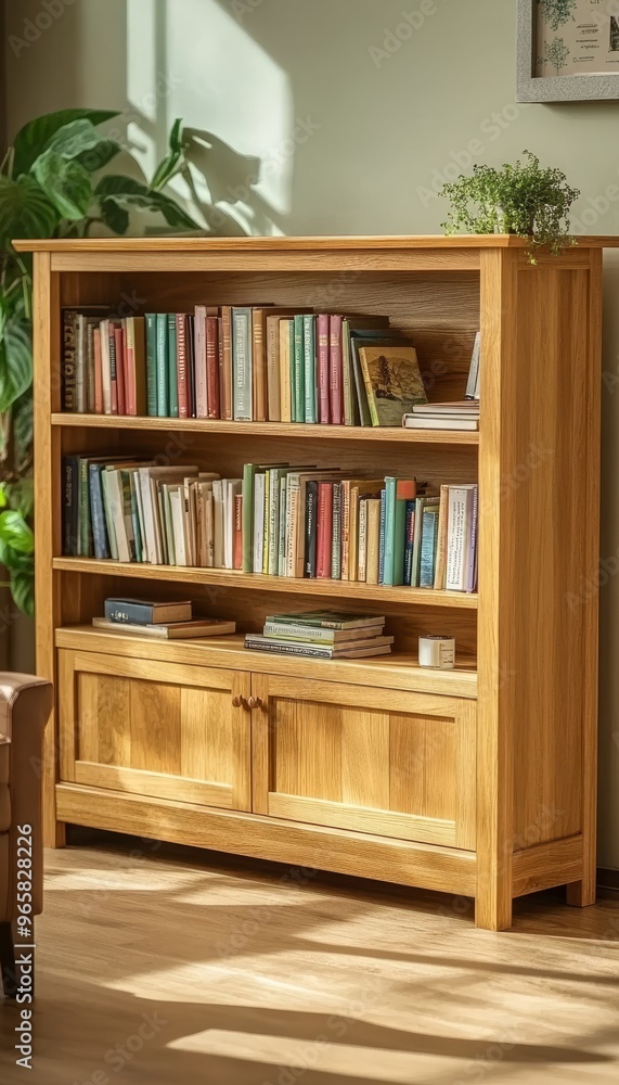 Wooden Bookcase with Books and Plants, a Cozy Living Room Interior Design for Book Lovers Wooden Bookcase with Books and Plants, a Cozy Living Room Interior Design for Book Lovers