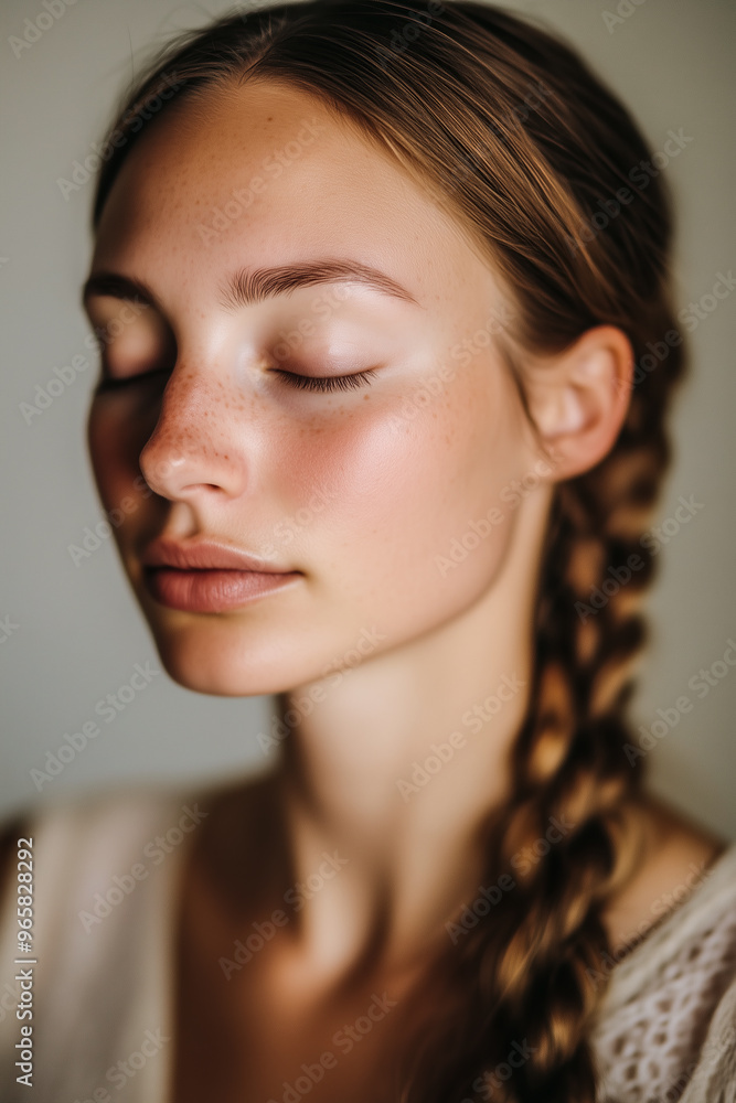 Young woman meditating with closed eyes and calm expression Young woman meditating with closed eyes and calm expression